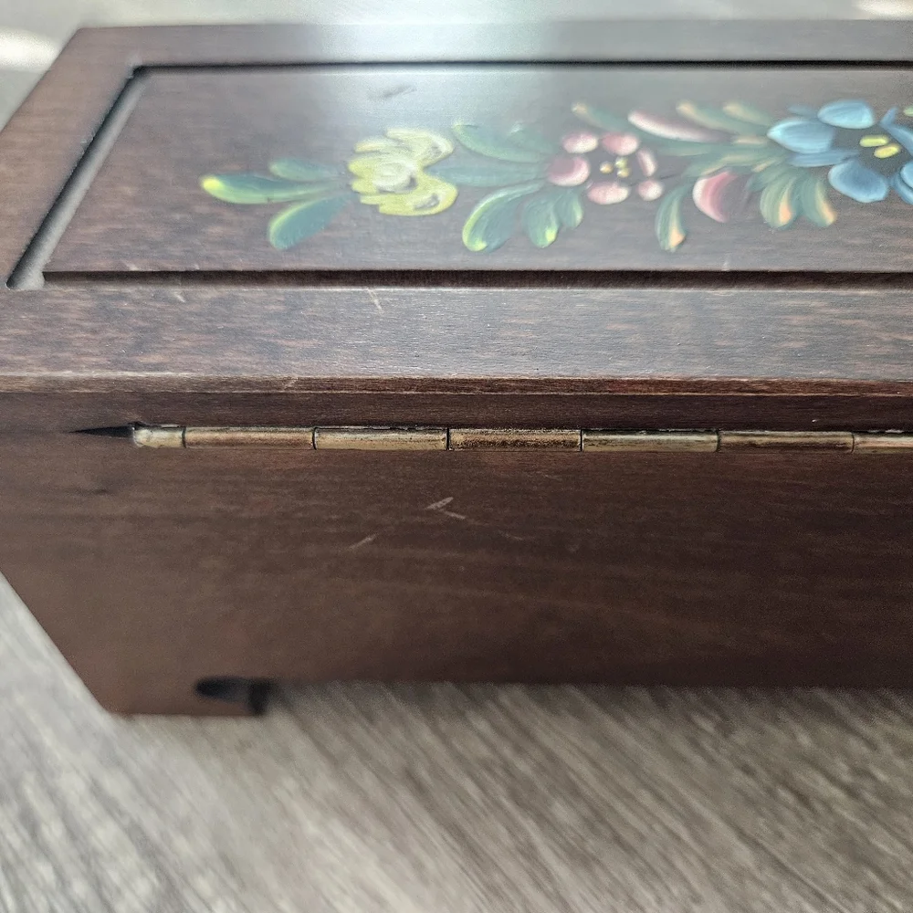 Rare Handpainted Reuge Music Storage Wooden Box with Floral Design